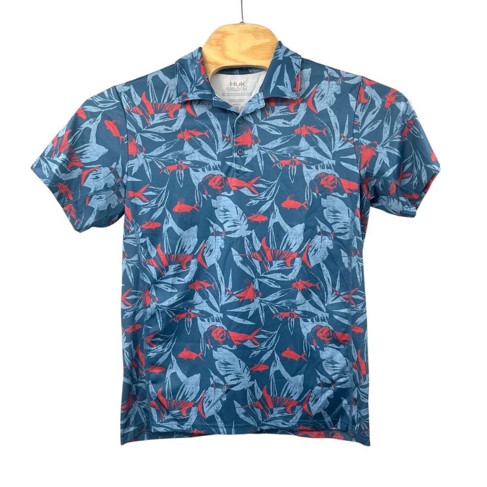 Huk Performance Polo Shirt Mens M Blue Red Marlin Fish All Over Print Stretch